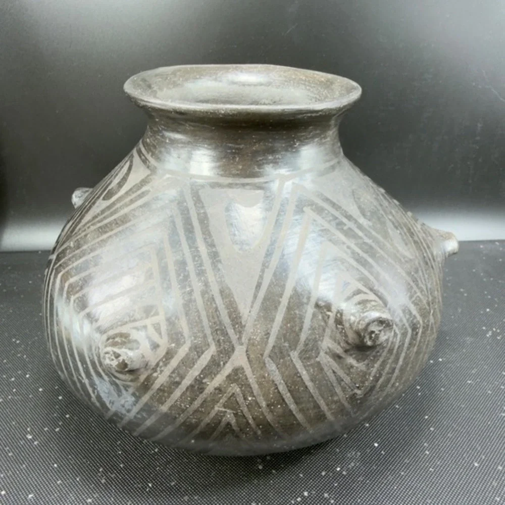 Mexican Barro Negro Black Clay Pottery Vase Cutout Oaxaca Folk Art Raised Accent